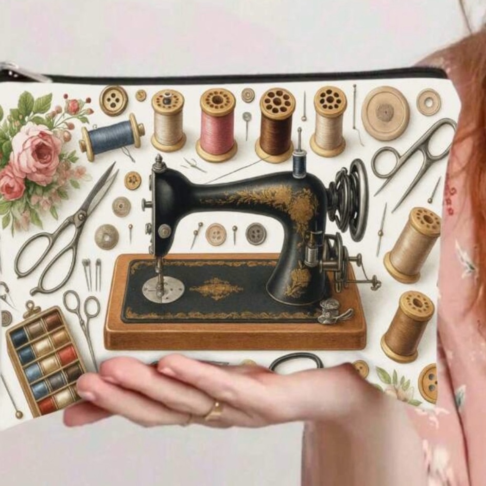 Vintage Sewing Machine Print Clutch. BRAND NEW NO TAGS